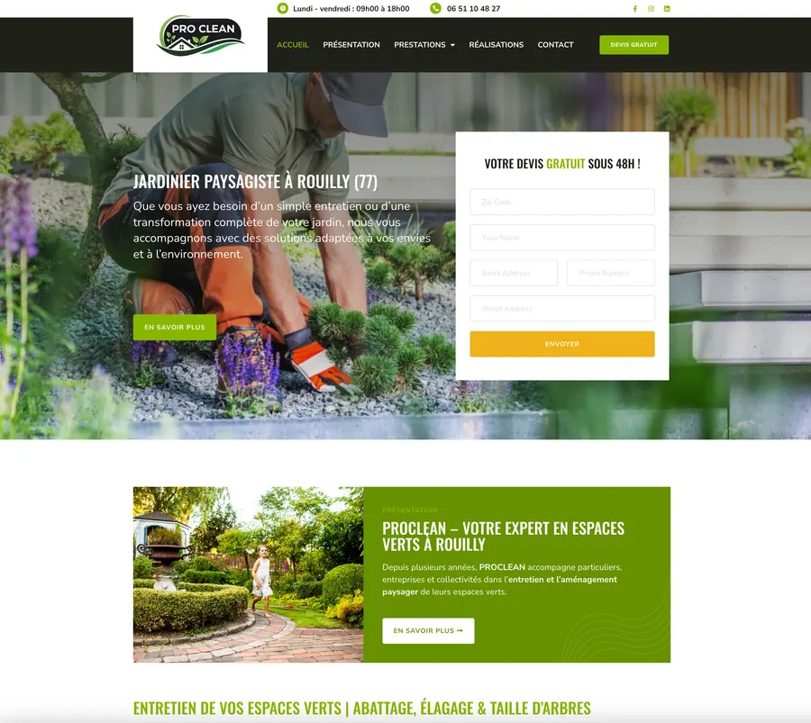 Site internet PROCLEAN, jardinier paysagiste à Rouilly (77) — réalisation Nethys